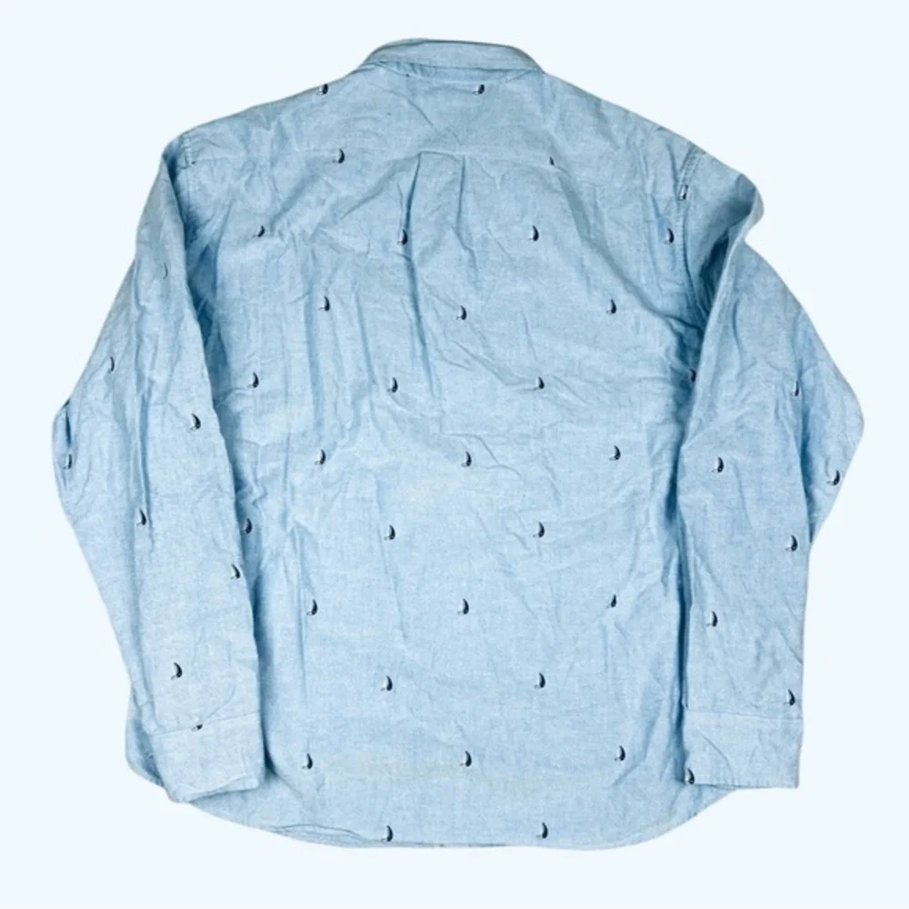 J Crew Dress Shirt Mens XL 17-17.5 Flex Button Up Denim‎ Blue Sailboat Print